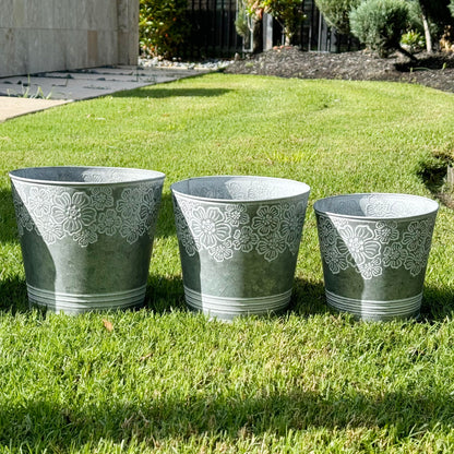 allgala Galvanized Planter Pot Indoor and Outdoor Decoration-Round Grey-3-PC-HD88314