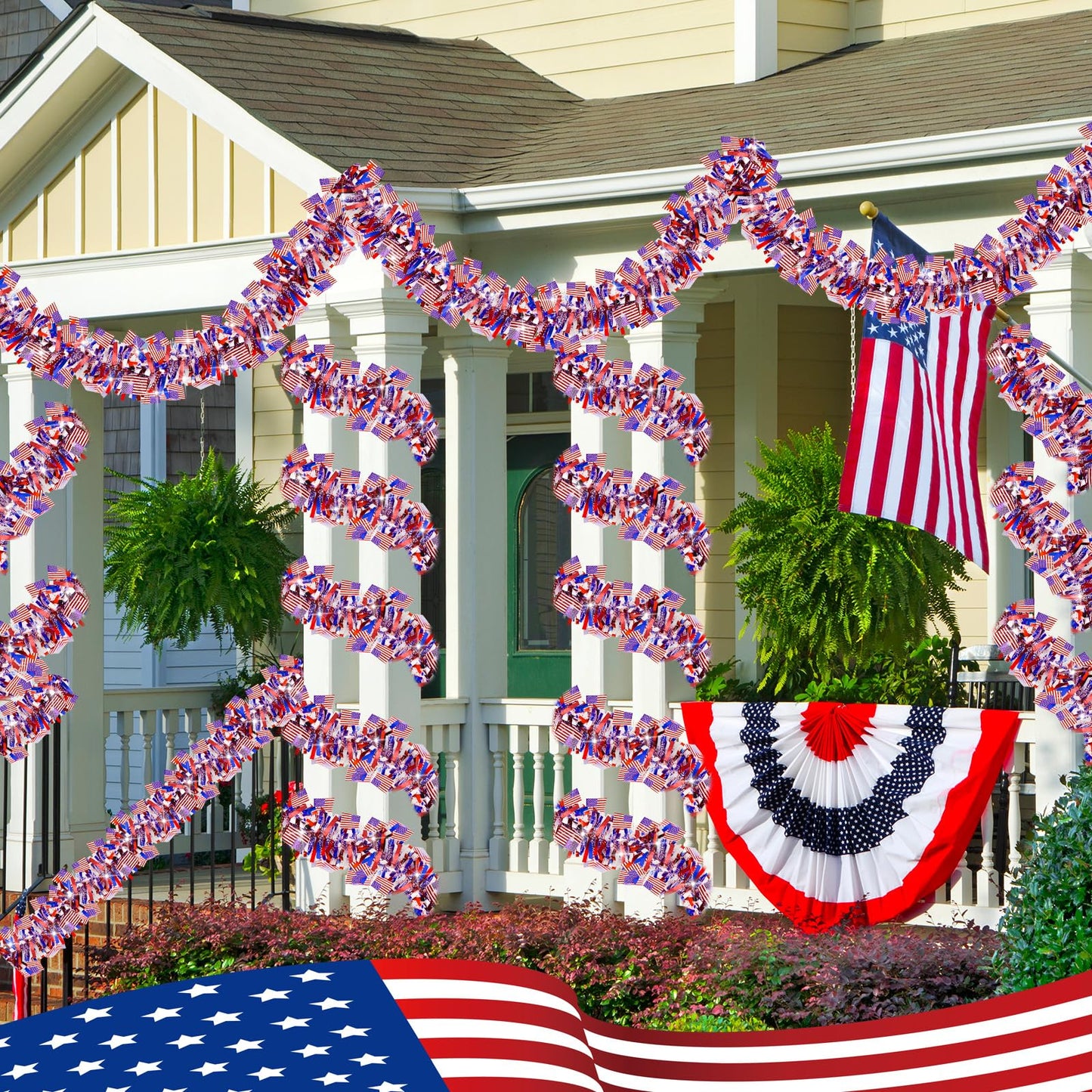 50 FT 4th of July Tinsel Garland, Red White and Blue Patriotic Flags Garland for Home Party Holiday Celebration for 250th Anniversary Memorial Day Independence Day 4th of July Decorations
