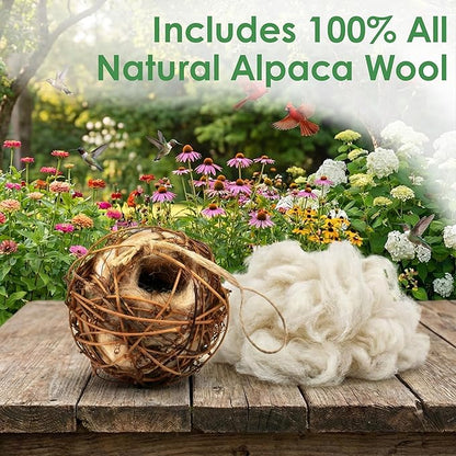 Round Vine Bird Nesting Material Ball with All Natural Alpaca Wool for Wild Bird Houses