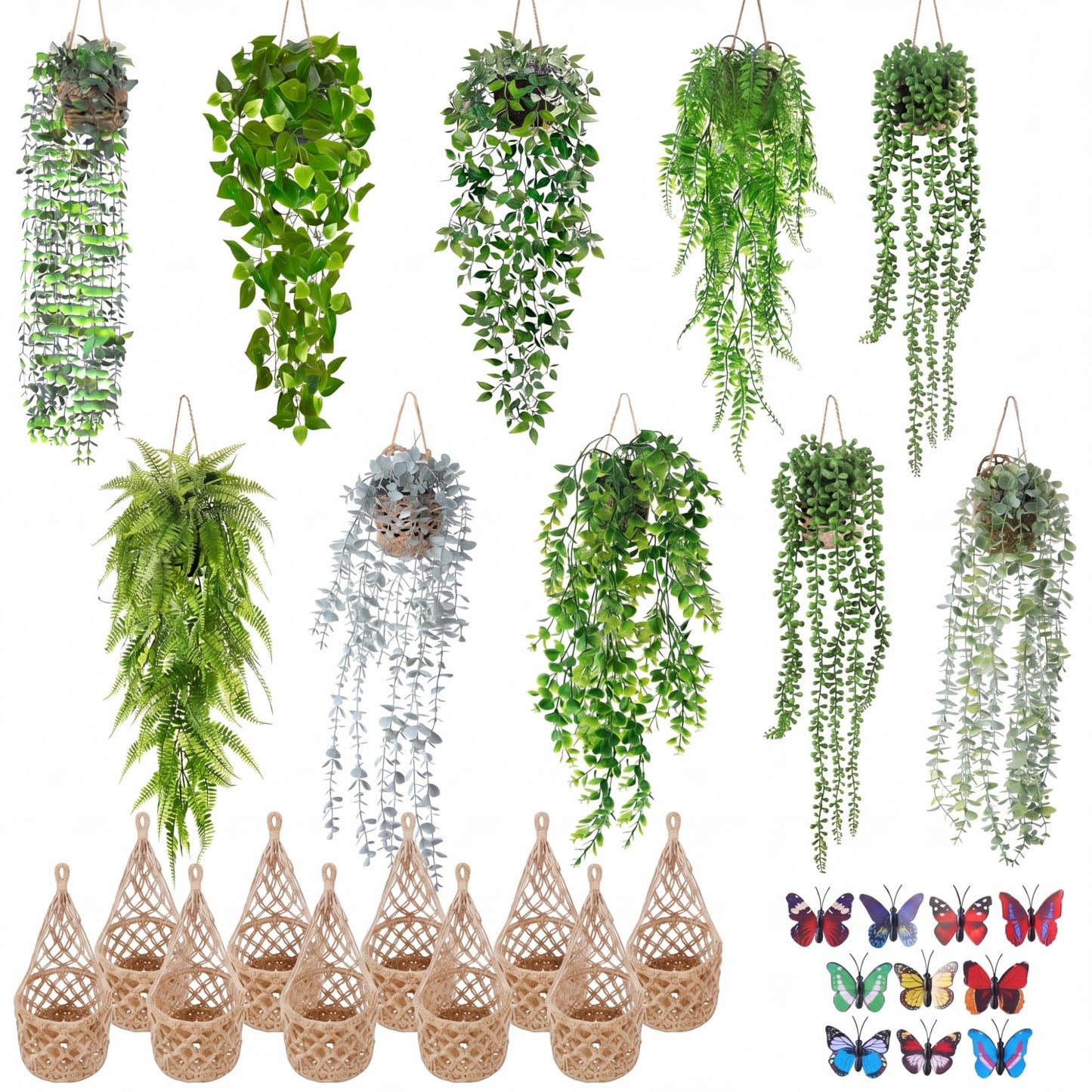 Giegxin 10 Set Fake Hanging Plant with Macrame Basket Summer Mini Artificial Macrame Plant Hanger with Woven Basket and Butterfly Ivy Faux Vines Eucalyptus Leaf for Indoor Home Wall Shelf Decor