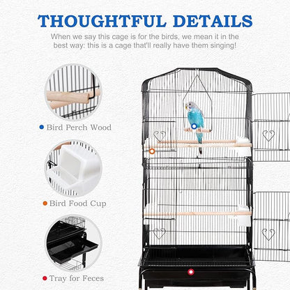 SUPER DEAL 59.3 Rolling Bird Cage Large Wrought Iron Cage for Cockatiel Sun Conure Parakeet Finch Budgie Lovebird Canary Medium Pet House with Rolling Stand & Storage Shelf