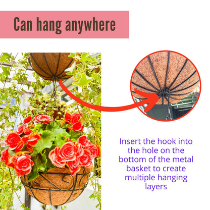 LaLaGreen Hanging Planter for Outdoor Plants (14 Inch, 2 Pack) Black Hanging Baskets with Coco Liner, Metal Wire Flower Basket Pots with Hook Hanger Balcony Porch Farmhouse Country Style Garden Decor