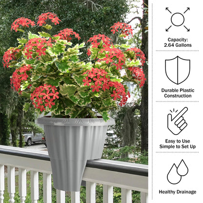 Railing Planter Box 2-Pack - 13.5-Inch Round Outdoor Flower Pots with Drainage Inserts - 2.64-Gallon Outdoor Planters for Porch, Deck, Fence, or Balcony Railings 3” - 3.75” Wide by Pure Garden (Gray)