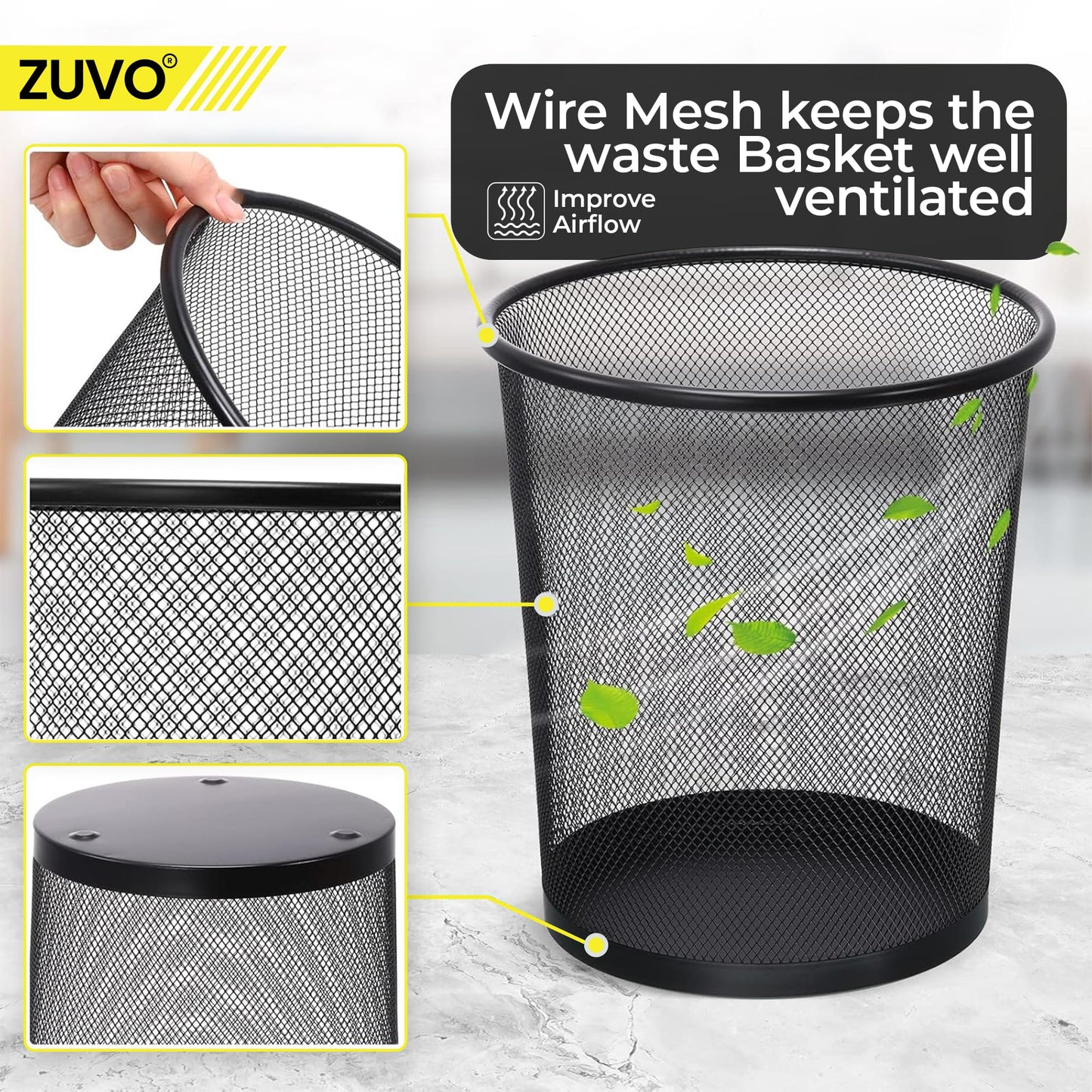 Zuvo Mesh Wastebasket Black Metal Wire Garbage Trash Can for Office Home Bedroom Height 10.1" Width 10", 4 Gallon (16 Quart) (1, Black)
