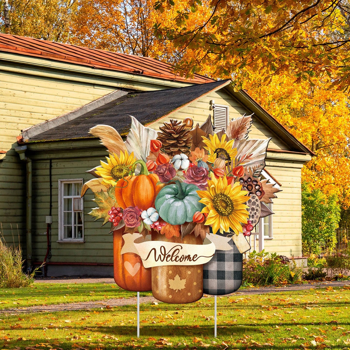 Memorywuu Metal Thanksgiving Decoration Fall Pumpkin Mason Jar Yard Sign Stake 14.2 Inch Autumn Welcome Sunflower Outdoor Yard Decor for Autumn Harvest Outside Lawn Decorations Garden Patio Walkway