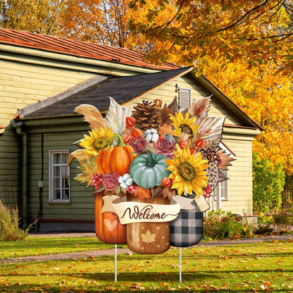Memorywuu Metal Thanksgiving Decoration Fall Pumpkin Mason Jar Yard Sign Stake 14.2 Inch Autumn Welcome Sunflower Outdoor Yard Decor for Autumn Harvest Outside Lawn Decorations Garden Patio Walkway