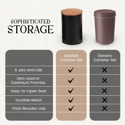 Alasitas 6 Canister Set for the Kitchen Countertop – Metal Food Storage Canisters with Airtight Lids for Flour, Tea, Crafts, Coffee, & Sugar – Container Set with Modern Wood Lids, Black