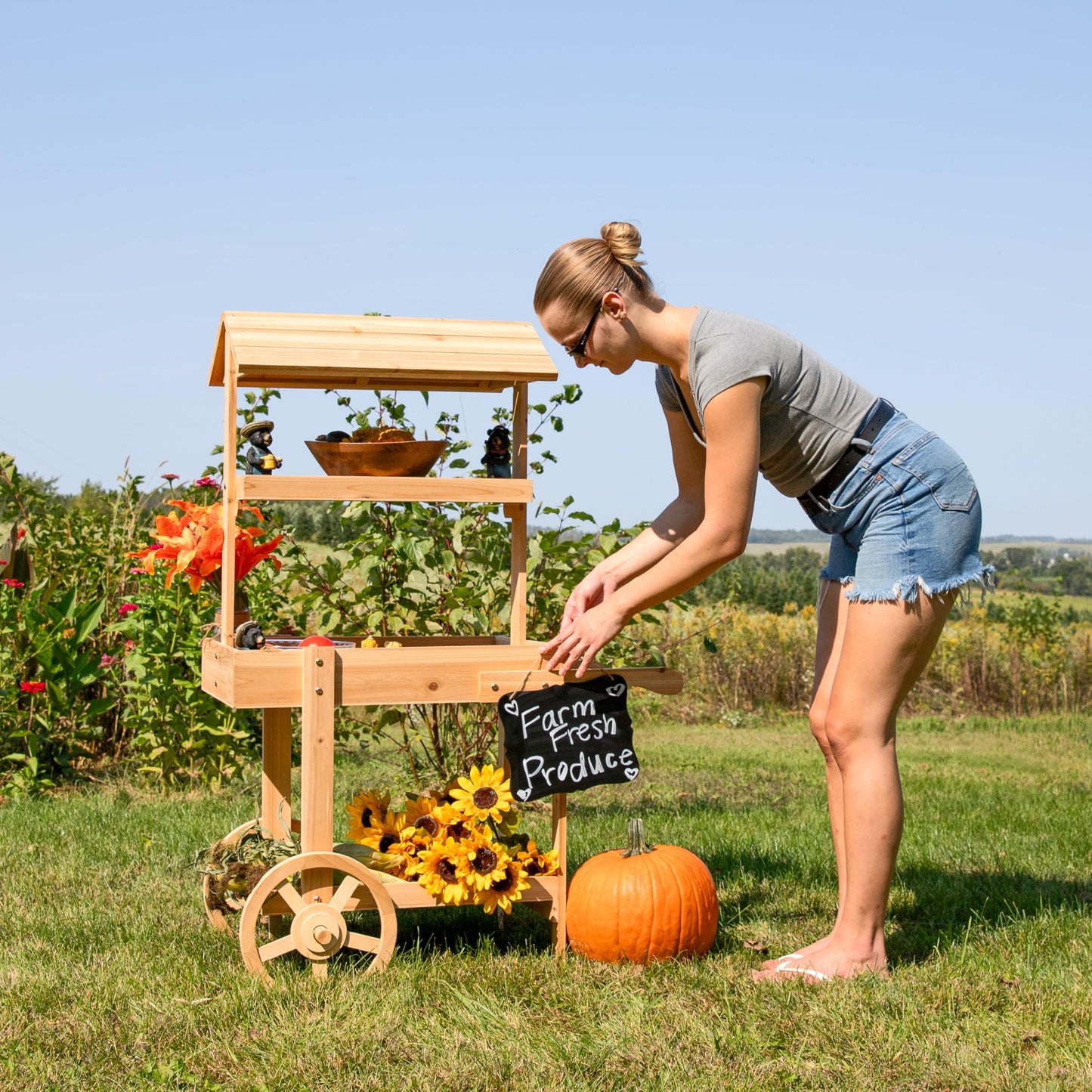 Sunnydaze Country Market Flower Cart Display Stand with Wheels - 2 Shelves - Fir Wood - 30 lb Weight Capacity - Natural Fir