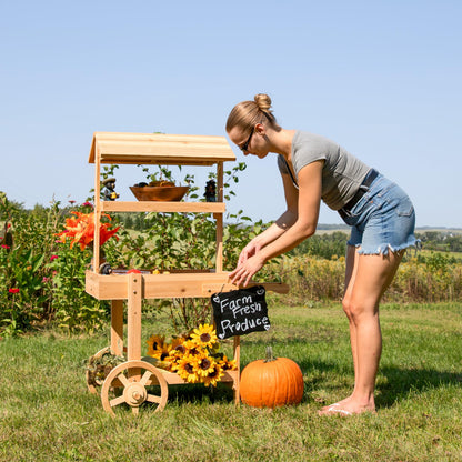 Sunnydaze Country Market Flower Cart Display Stand with Wheels - 2 Shelves - Fir Wood - 30 lb Weight Capacity - Natural Fir