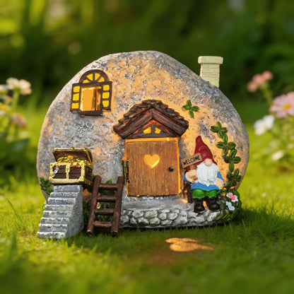 QCF Fairy Garden Accessories Gnome House 4 Pcs Kit, Solar Statues with Openable Door for Yard Lawn Patio, Resin Stone Houses, Treasure chest, staircase, ladder Figurines, Birthday Gifts Idea for Women