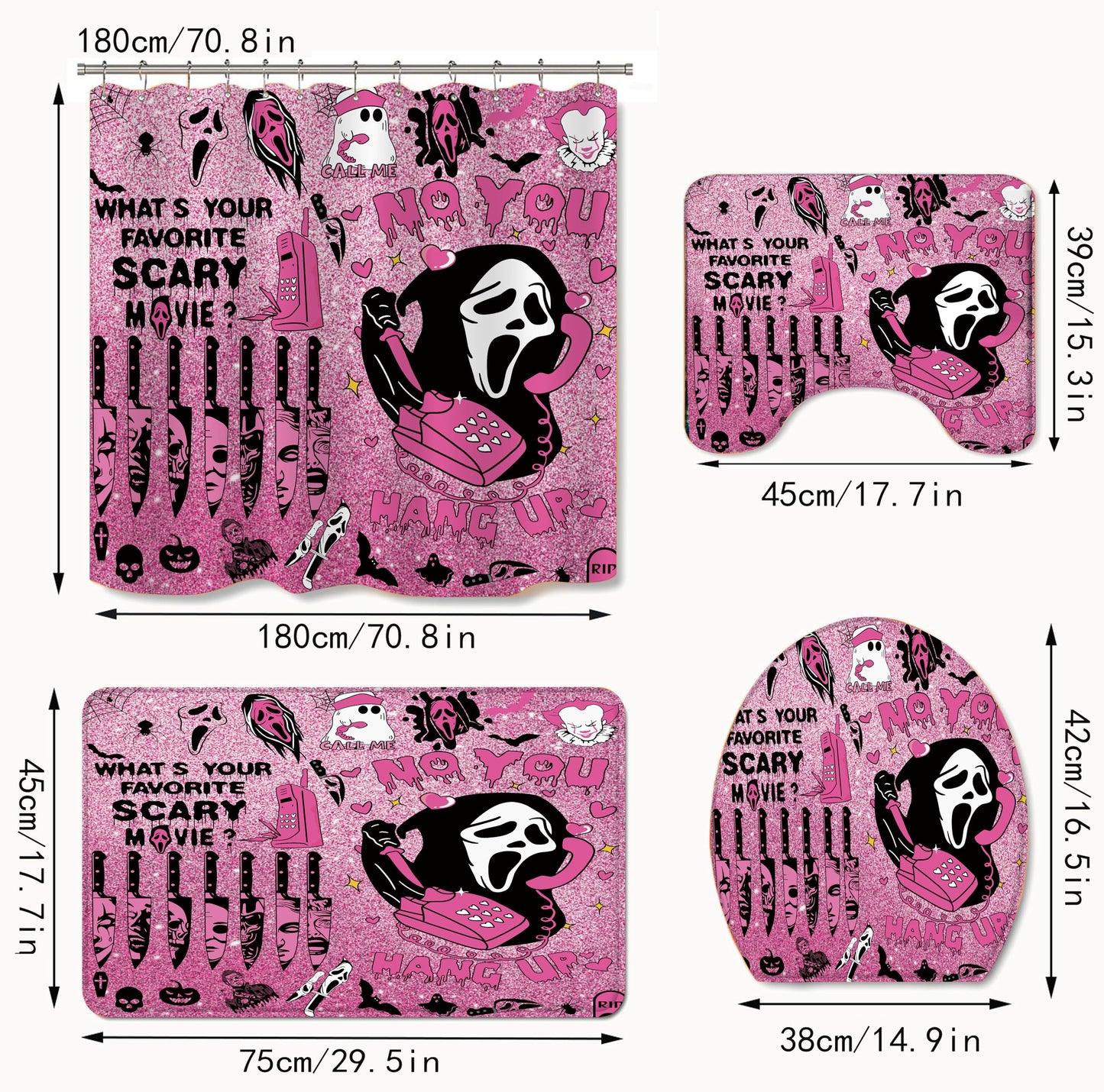 ONIBOGO 4Pcs Halloween Shower Curtain Set Gothic Pink Scary Shower Curtain Set for Halloween Bathroom Decor with Anti-Slip Waterproof Bathtub Bathroom Rugs Toilet Lid Cover