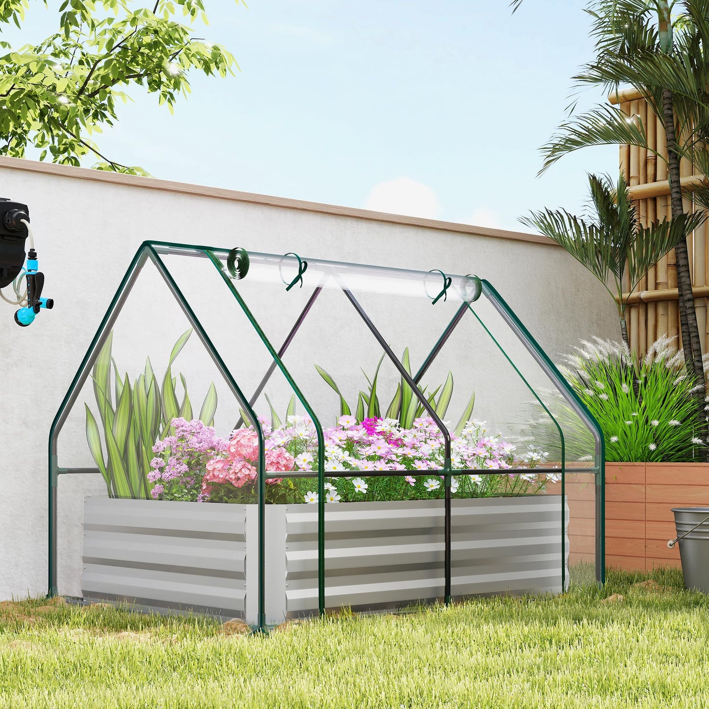 Outsunny 4 x 3 x 3ft Raised Garden Bed with Mini Greenhouse, Galvanized Raised Garden Bed with Cover for Herbs and Vegetables, Small Greenhouse for Patio Garden Balcony, Clear and Gray