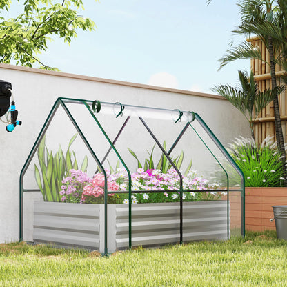 Outsunny 4 x 3 x 3ft Raised Garden Bed with Mini Greenhouse, Galvanized Raised Garden Bed with Cover for Herbs and Vegetables, Small Greenhouse for Patio Garden Balcony, Clear and Gray