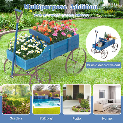 Giantex Decorative Garden Planter, Small Wagon Cart with Metal Wheels, Wood Raised Beds Plant Pot Stand for Backyard Garden Patio 24.5”Lx13.5”Wx24”H (Blue)