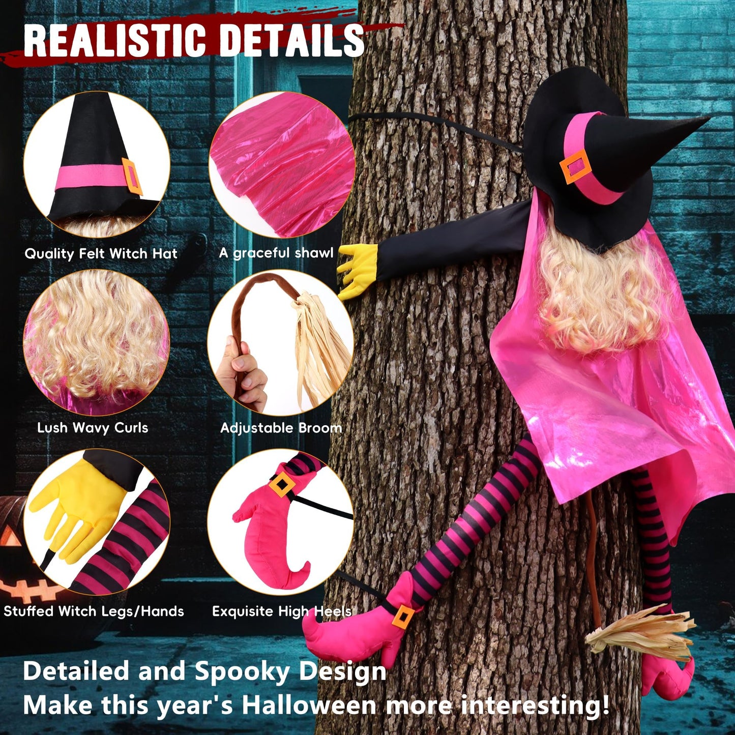 Giiffu Pink Halloween Decorations Outdoor 53" Crashing Witch Tree Decor