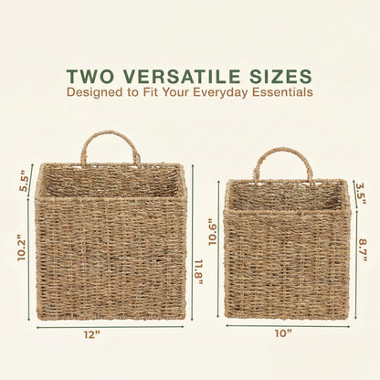 Set of 2 Wicker Hanging Basket for Organizing, Front Door, Mail, Flowers - Woven Wall Baskets for Storage (Natural Seagrass)