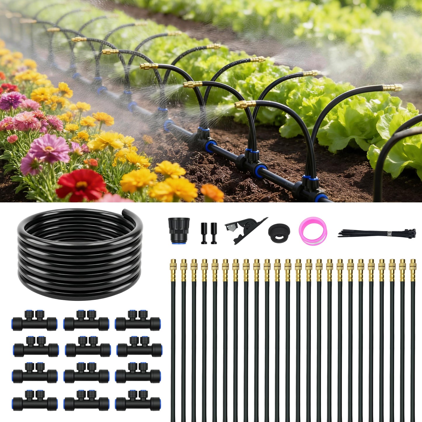 Drip Irrigation System for Garden, Automatic Watering System with Adjustable 360° Copper Spray Nozzles, DIY Drip Irrigation Kit for Yard, Lawn, Greenhouse, Raised Beds & Potted Plants (40FT)