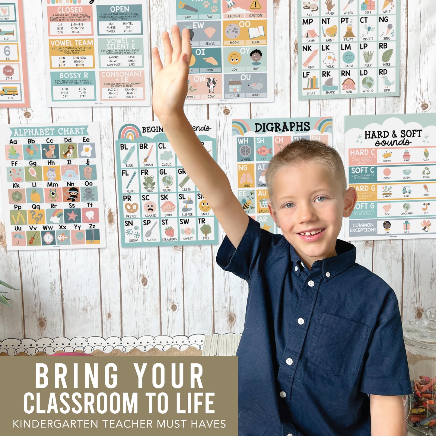Hadley Designs Phonics Posters for Classroom Must Haves - 9 Sound Wall for Kindergarten & Elementary Teacher Supplies, Syllable, Vowels, Digraphs & Blends Bulletin Board Set, Boho Classrom Decor
