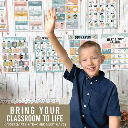 Hadley Designs Phonics Posters for Classroom Must Haves - 9 Sound Wall for Kindergarten & Elementary Teacher Supplies, Syllable, Vowels, Digraphs & Blends Bulletin Board Set, Boho Classrom Decor