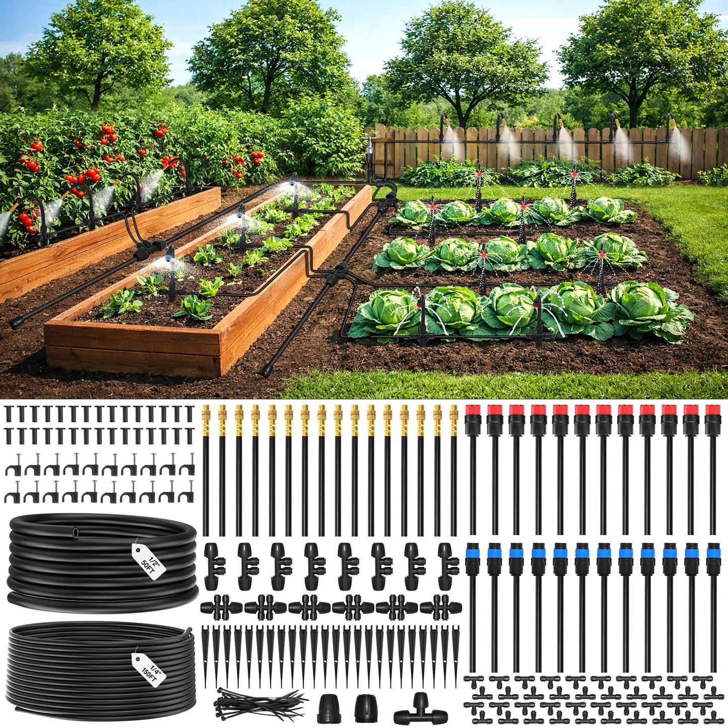 MIXC 2026-Upgrade 360° Adjustable Drip Irrigation System Kit, 200FT Bendable Watering Misting System with 3 Spray Nozzle Types, 1/2"(50FT) & 1/4"(150FT) Tubing for Garden Raised Bed Lawn & Greenhouse