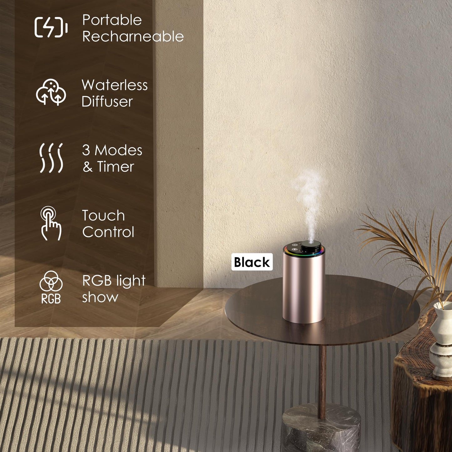 Waterless Essential Oil Diffuser, Diffuser,Portable Aromatherapy Diffuser,Light Show,3 Countdown Timers & 3 Mist Levels for Home, Room, Car, Office (Black)