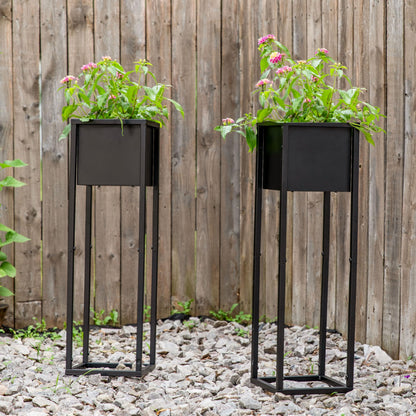 Sunnydaze Modern Simplicity 8.25" Square Metal Raised Planter Box with Legs - Set of 2 - Indoor or Outdoor Use - Black - 27" H