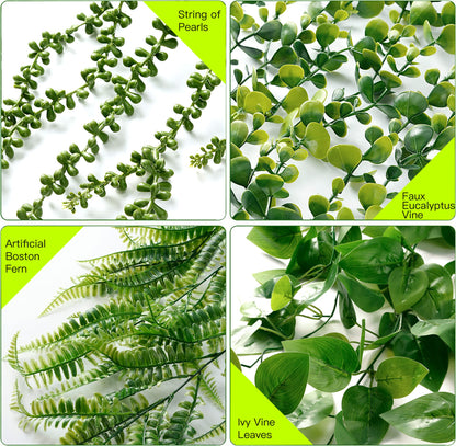 Sggvecsy Fake Hanging Plants 6 Pack Artificial Hanging Eucalyptus Plants Potted Greenery Faux Mandala Vine String of Pearls Boston Fern Ivy Vine Leaves Pea Pod for Home Indoor Outdoor Shelf Wall Decor