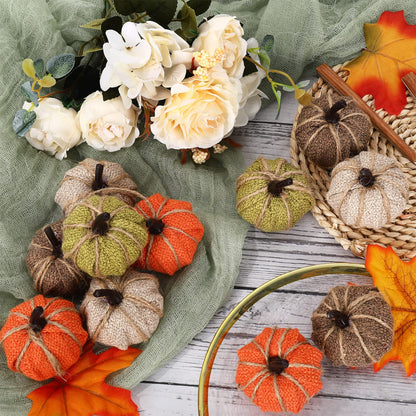AnyDesign 16Pcs Fall Thanksgiving Pumpkin Hanging Ornament Green Flaxen Orange Brown Burlap Pumpkin Hanging Decors for Autumn Harvest Halloween Christmas Party Tree Mantel Wall Home Decoration