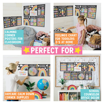 Hadley Designs 9 Calming Corner Posters for Classroom Must Haves - Calm Down Corner Supplies with Emotions Chart, School Counselor Mental Health Poster, Feelings Chart For Kids, Pastel Classroom Decor