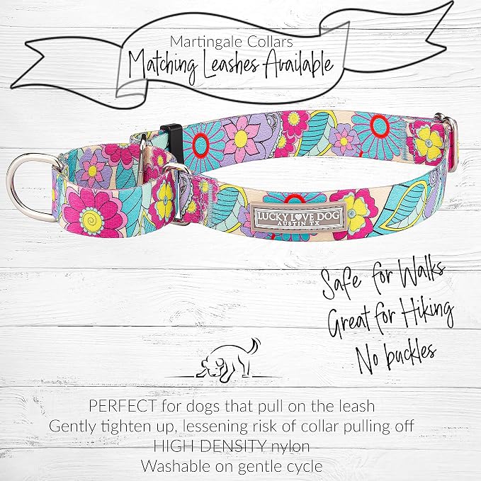 Lucky Love Dog Martingale Dog Collar - Adjustable, No-Slip, Durable, & Soft Webbing Collar for Male and Female Dogs Ideal for Training & Walking - Caroline, Small