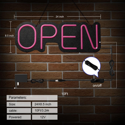 24 inch Neon Open Signs for Business, Open Sign with Textured Backboard LED Anti-Scratch Easy Dedust Neon Light for Business(Pink)
