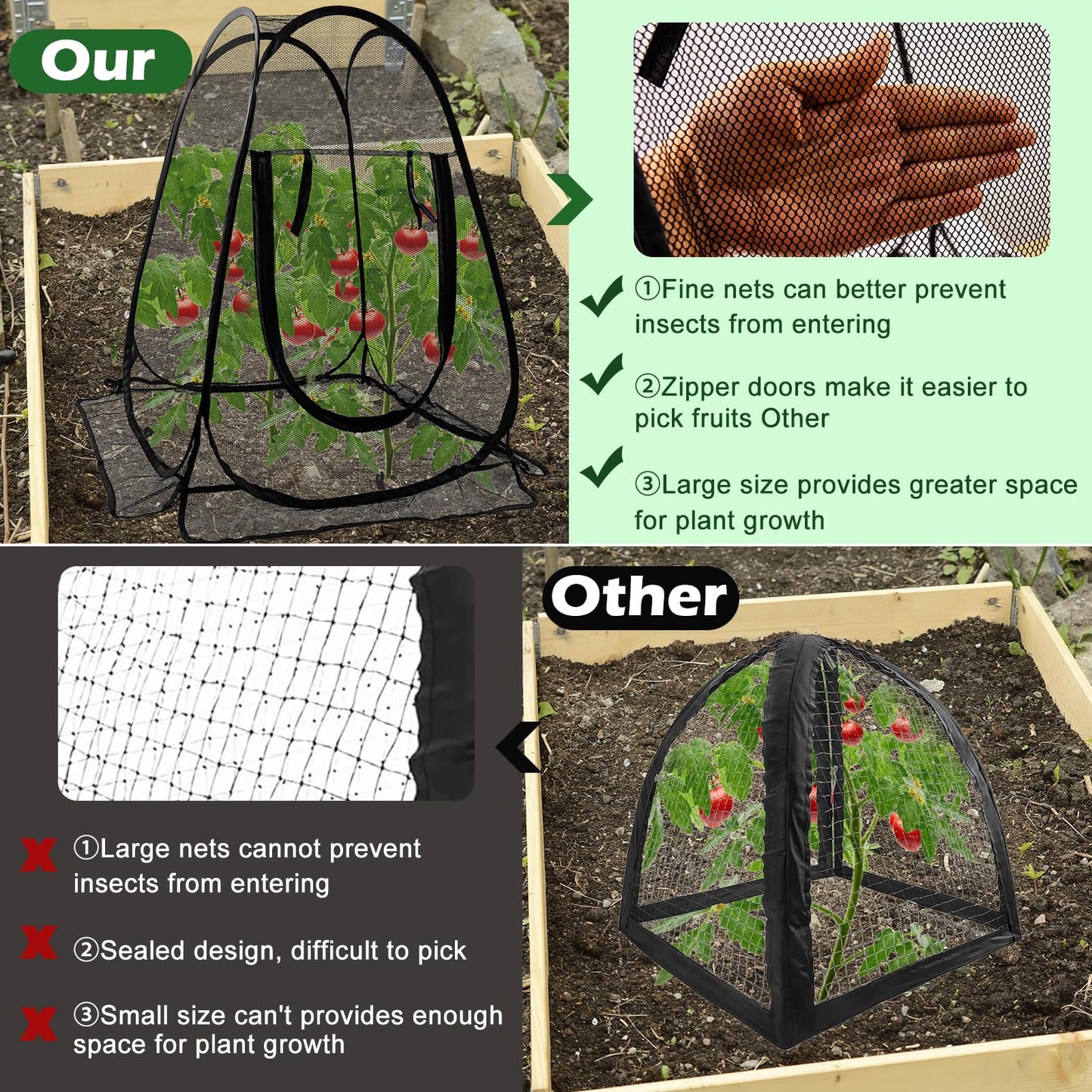 2pcs Pop Up Mesh Plant Protectors from Animals,Large Plant Netting Guard Cover with 8 Stake Crop Cage Fine Mesh Plant Tents for Protect Flower Tomato Vegetable from Deer Cat Bird Squirrel, 28x28x34 In