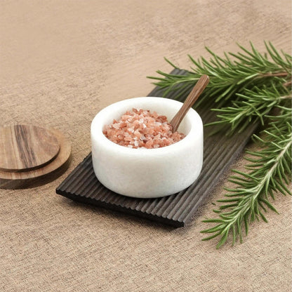 seicasaya Marble Salt Cellar with Acacia Wood Lid and Spoon – 4-inch Salt Box with Spoon Slot, Kitchen Spice Container for Salt, Sugar, or Spices (White)