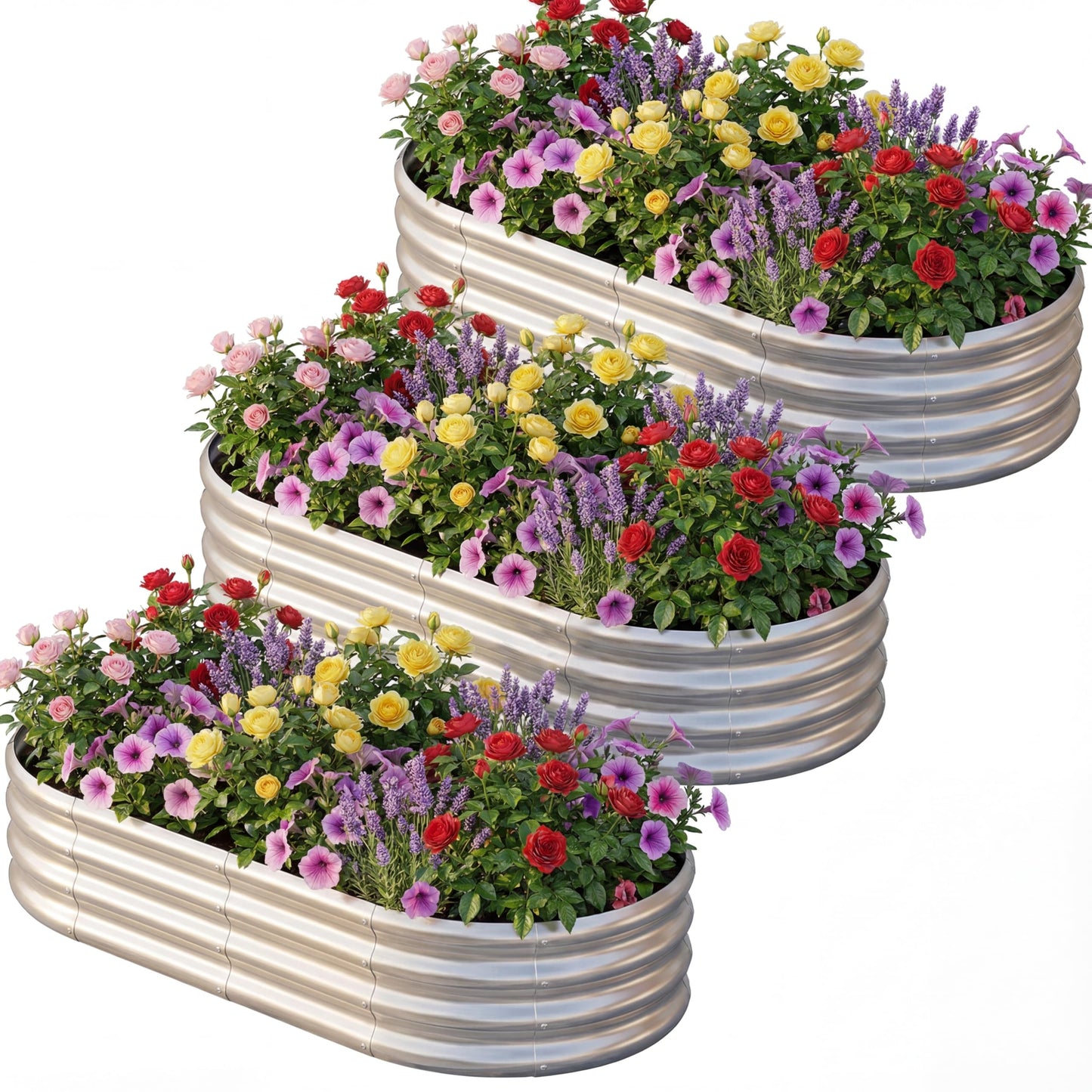 AHEONLAR 3 Pack 6×3×1ft Galvanized Raised Garden Bed, Oval Metal Garden Bed Planter Boxes Outdoor, Durable Raised Garden Beds Outdoor for Vegetables, Flowers, Silver