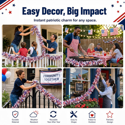 50 FT 4th of July Garland, Indoor & Outdoor Red White and Blue Patriotic Tinsel with American Flags, US Party Decor for Mantel, Stairs, Porch Railings, Golf Cart, Parade Float & America 250