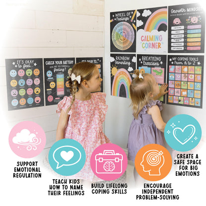 Hadley Designs 9 Calming Corner Posters for Classroom Must Haves - Calm Down Corner Supplies with Emotions Chart, School Counselor Mental Health Poster, Feelings Chart For Kids, Pastel Classroom Decor