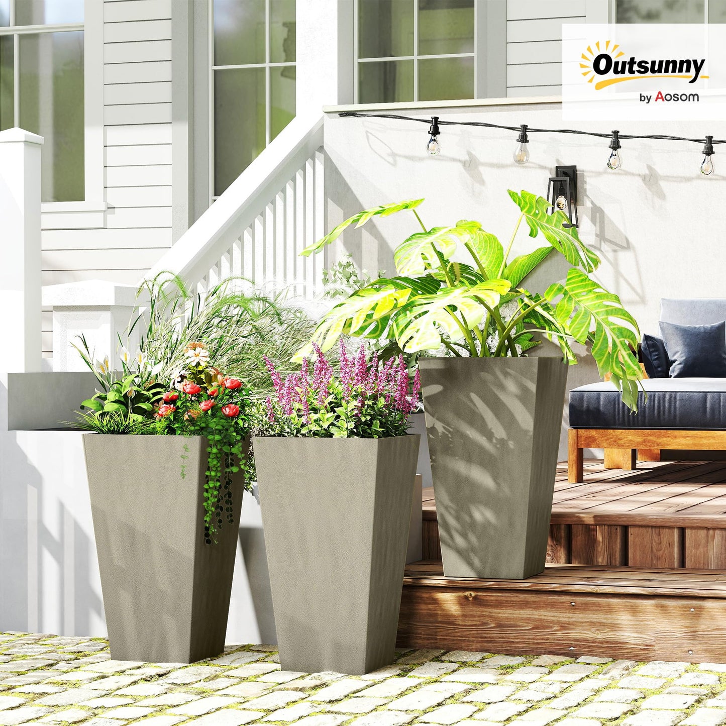 Outsunny Tall Planters for Outdoor Plants Set of 3, 28 in Taper Planters with Drainage Holes, Indoor Grande Plant Pots, Front Porch Decor, Grey