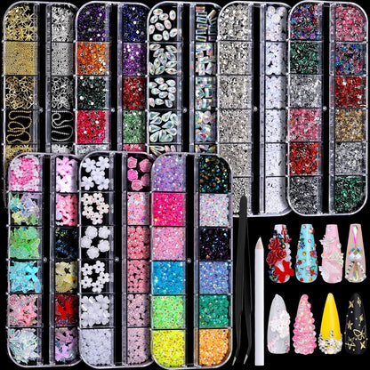 FANDAMEI Nail Charms, Nail Rhinestones Kit with 8 Boxes of Nail Gems, 3D Charms for Nails, Colorful Clear Flatback Rhinestones, Multi Shape Pearls Jewels Crystals for Craft