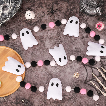 JarThenaAMCS Halloween Felt Banner White 3D Ghost Hanging Garland Black Pink White Pom Ball Banner for Trick or Treat Birthday Home Mantel Wall Window Party Supplies