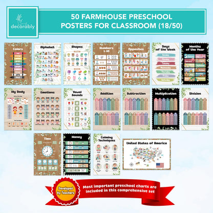 Decorably 50 Farmhouse Theme Kindergarten Posters for Homeschool, 11x17in Matte-Laminated Preschool Educational Toddler Learning Decor - Classrooms, Hallways, Bulletin Boards