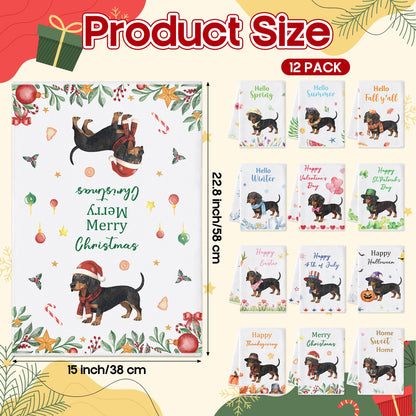 WATINC Seasonal Kitchen Hand Towels - 12pcs Dish Tea Towel Set for Home Kitchen Bathroom Holiday Decorative, Fun Wash Cloth Dishcloth for Summer Fall 4th of July Halloween Decor Gift (Dog Style)