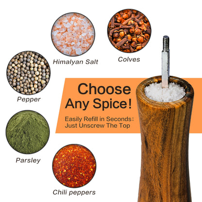 Finnhomy Salt and Pepper Grinder Set, Acacia Wood Adjustable Coarseness Pepper Mill with Wooden Stand, Cleaning Brush & Spoon, Pepper Grinder Refillable, 2 Pack Salt and Pepper Shakers, 8.5 Inches