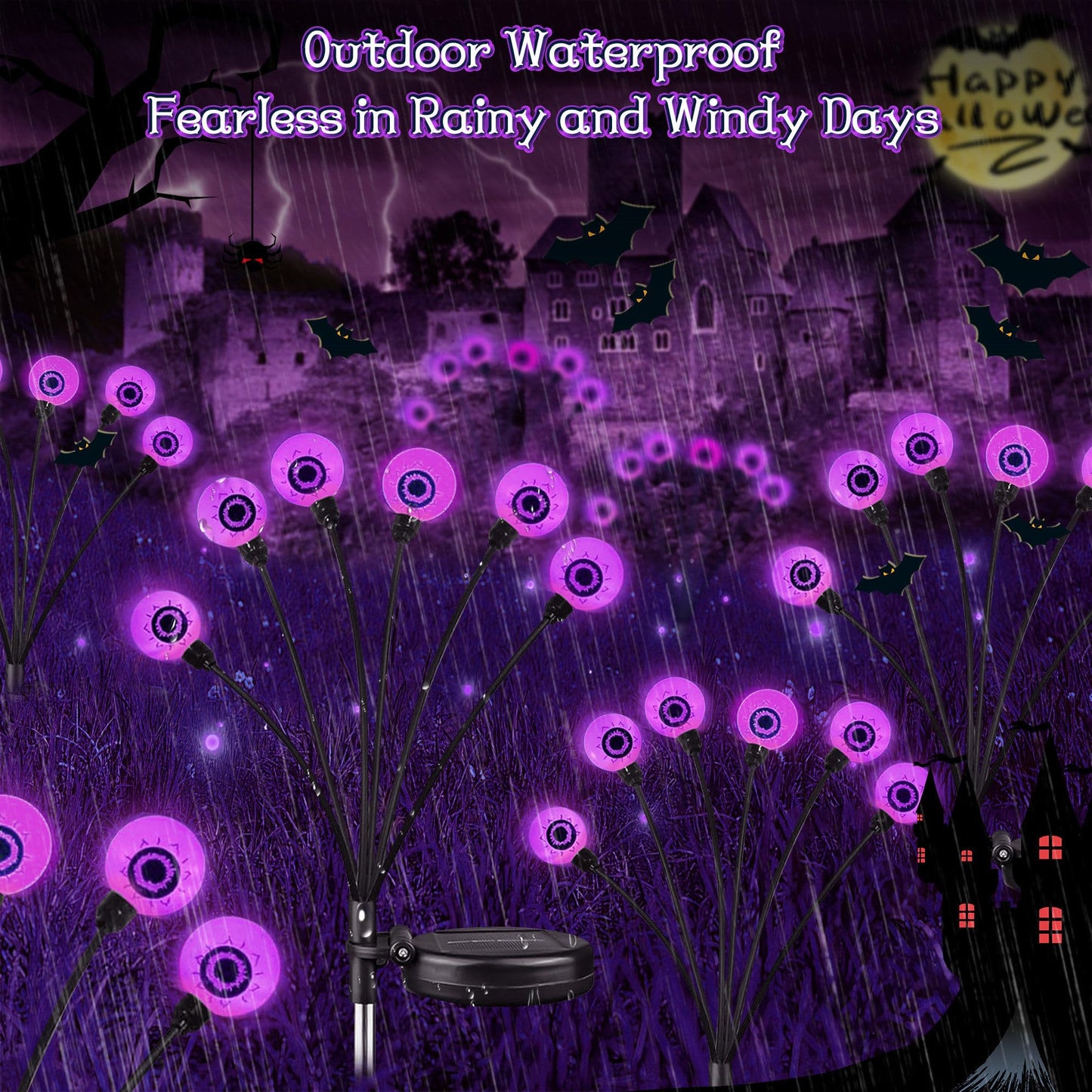 Outdoor Halloween Decorations - Swaying Solar Eyeball Lights, 2PCS 12LED Firefly Lights, 2 Mode Waterproof Path Lights for Yard, Garden, Lawn, and Party Decor (Purple)