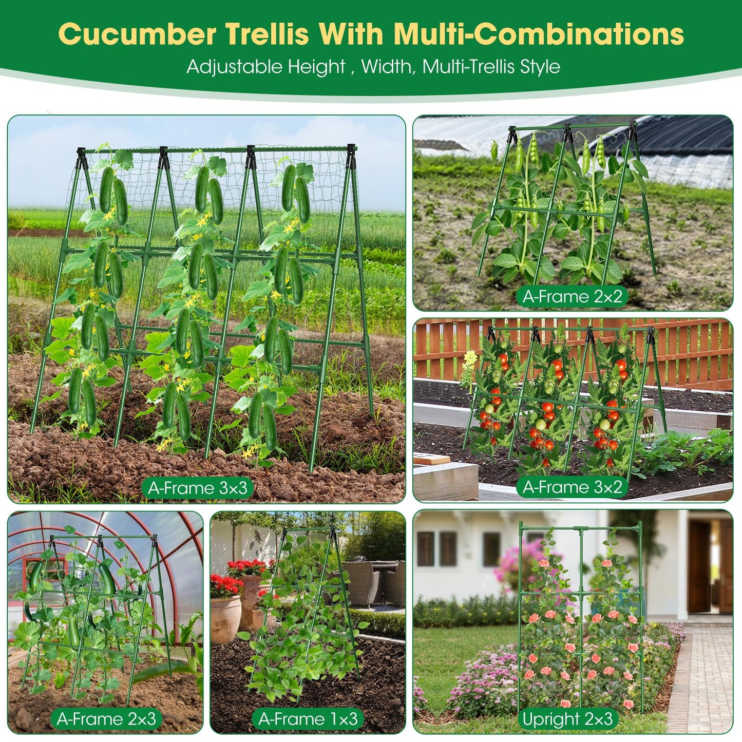 51" x 53" Cucumber Trellis for Raised Bed, A-Frame Garden Trellis for Climbing Plants Outdoor, Rust-Proof Metal Support for Tomato, Peas, Beans, Zucchini & Vines, with Netting & Clips