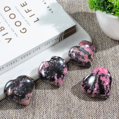 Crocon 50mm Rhodonite Heart stone Big Heart Shape Puff Stones Set 450+ Carats Pocket Crystal Healing Tumble Collection Palm Worry Stone Good Luck Charm Meditation Gift Craft Home Decor
