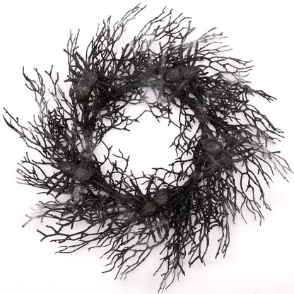 Skrantun 18 Inch Halloween Wreath Black Wreath with Spiders and Webs Door Wreath with Halloween Decorations for Halloween Party and Holiday Decorations