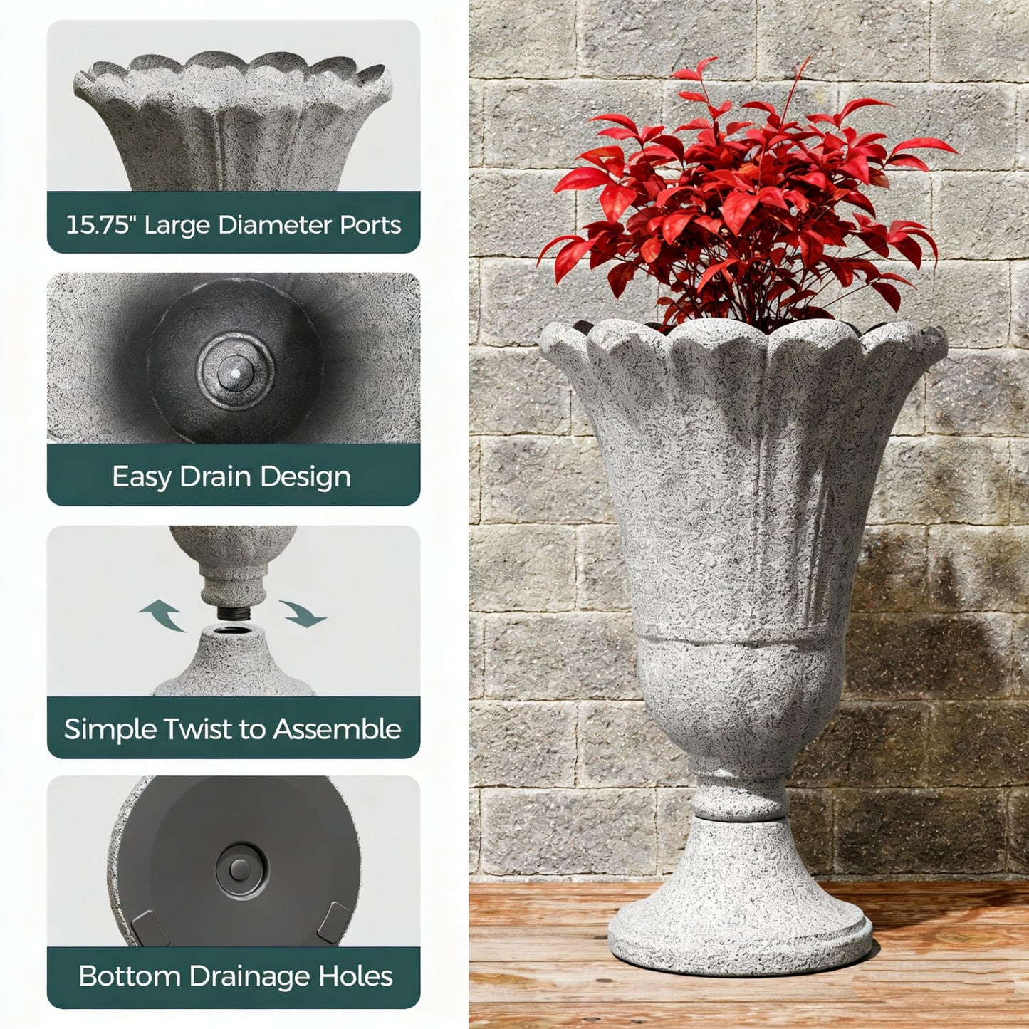 Trygoal 23.6" Tall Plastic Urn Planters for Outdoor Plants with Drainage Holes & Petal Design, Set of 2 Heavy-Duty Classic Indoor Large Flower Pots, Outdoor Planters for Porch/Home/Garden, Gray