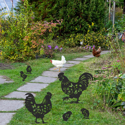 Rngmsi Chicken Metal Garden Art - 6PCS Chicken Metal Yard Art Rooster Garden Decor Outdoor Cute Hen Metal Statue Decorations Outside for Patio Decorative Lawn Stakes Statues Gifts for Friends