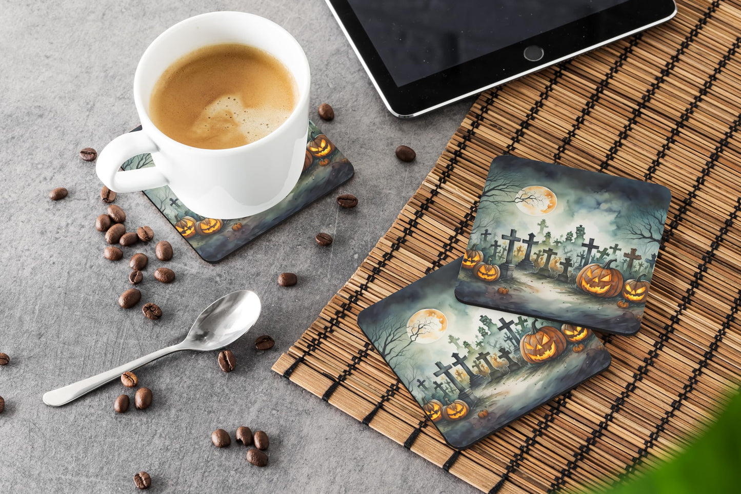 Caroline's Treasures Graveyard Spooky Halloween Foam Coaster Set of 4 Cup Coasters for Indoor and Outdoor, Coaster for Tabletop Protection, Anti Slip, Mouse pad Material