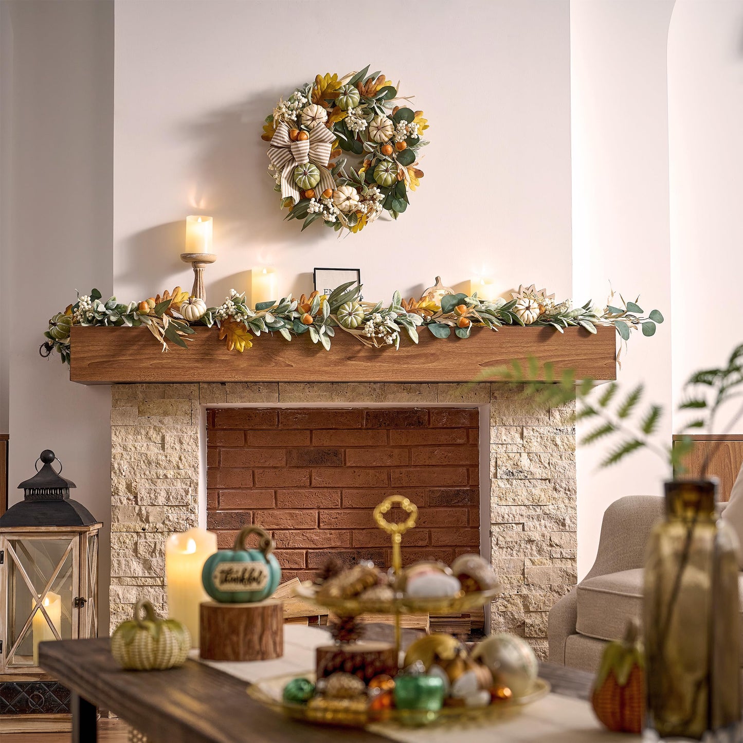 Valery Madelyn Fall Garland for Mantle, 6ft Lambs Ear Leaves Garland with Lights White Pumpkins Thanksgiving Table Centerpiece, Fall Autumn Decorations for Home Porch Fireplace Outdoor Halloween Decor
